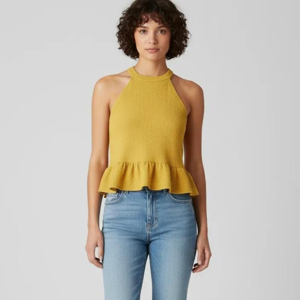 W5‎ Women's Textured Knit Peplum Hem Halter Top Yellow Size Small NWT